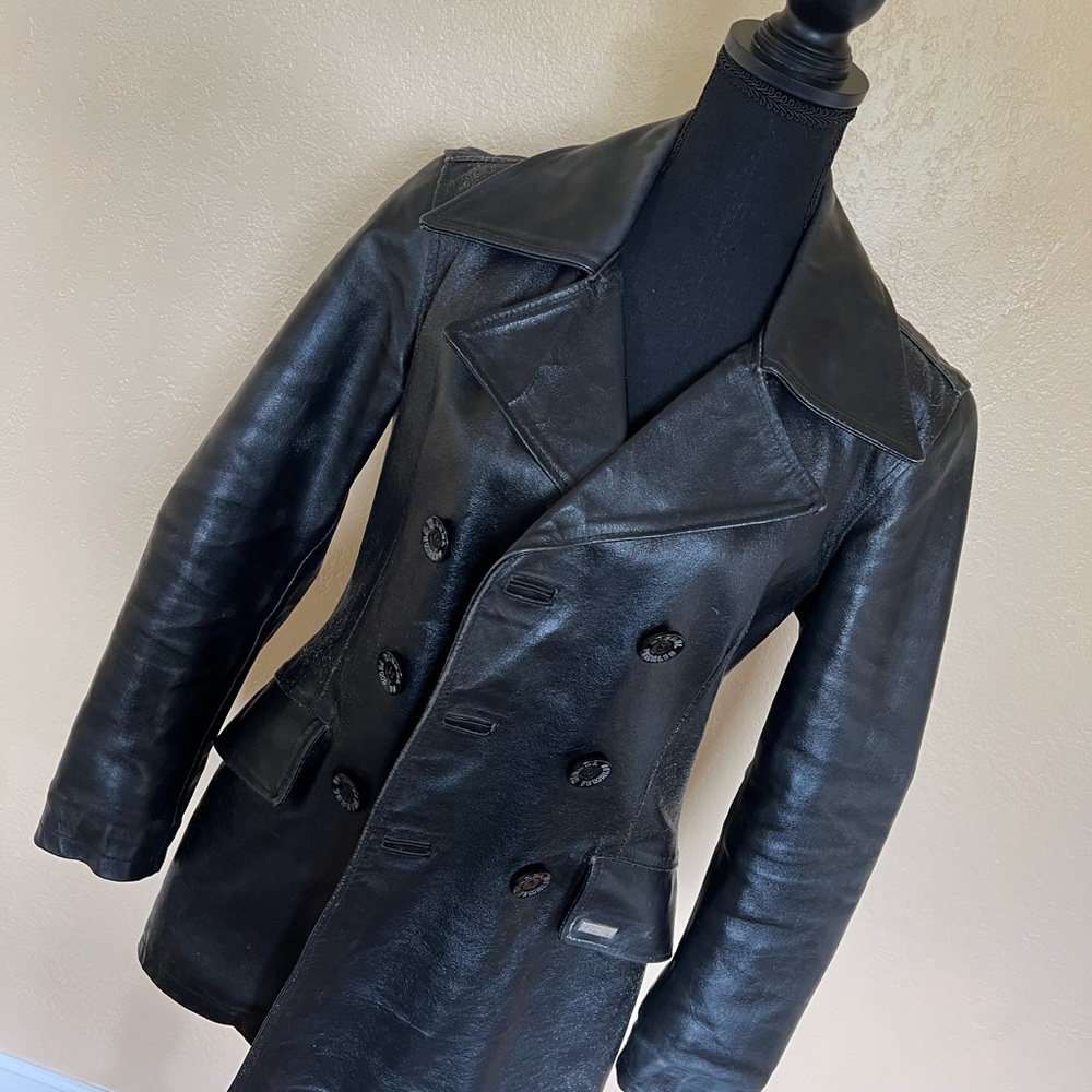 Vtg 1990s Diesel female black leather double breasted jacket